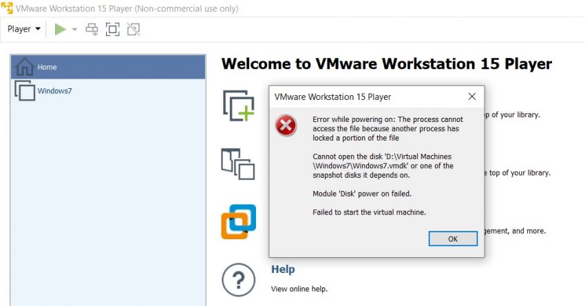 Cannot open the disk 'Windows7.vmdk' or one of the snapshot disks it depends on Module 'Disk' power on failed